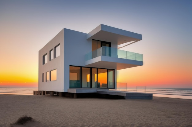 A white beach house with a balcony and the sunset in the background