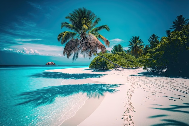 A white beach with palm trees and a tropical climate