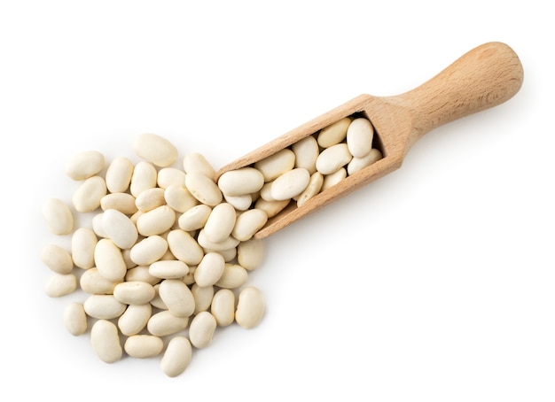 White beans spilled from a wooden spoon on a white background