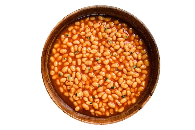 White beans in tomato sauce in a wooden plate Isolated on white background