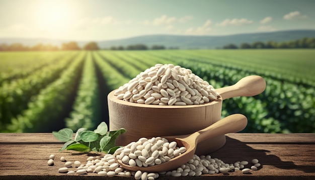 White beans in wooden scoop on table with green legume field on sunny day on the background Generative ai