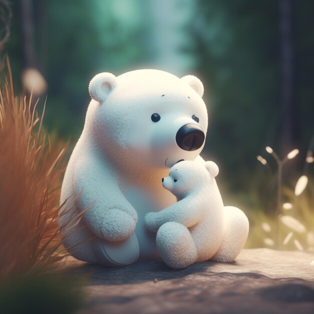 A white bear and a small bear are sitting on a rock.