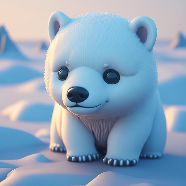 A white bear with black eyes is standing in the snow.