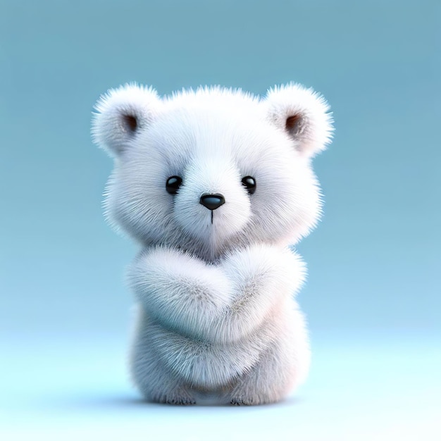 A white bear with a folded arms sits on a blue background.