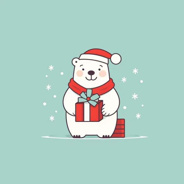 A white bear with a red scarf and a red hat holding a gift generative ai