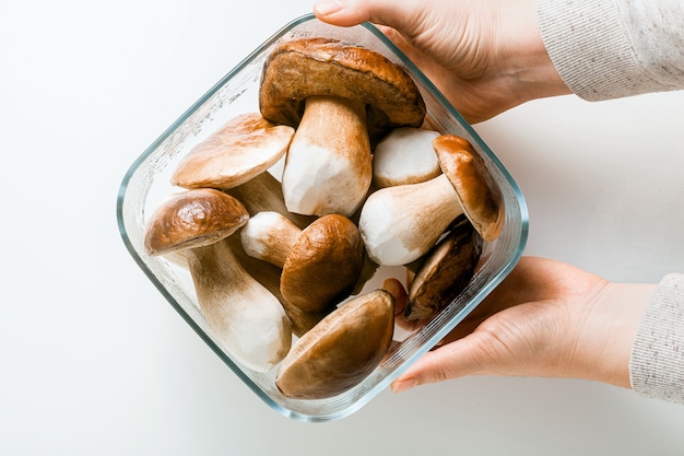 사진 유리 그릇과 여성의 손에 흰색에 흰색 아름 다운 큰 porcini 버섯