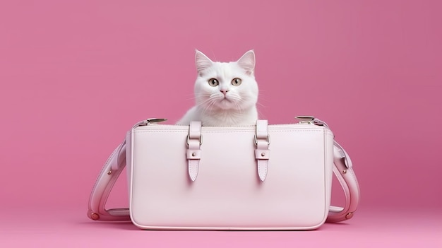 White beautiful cat sits inside female handbag on pink background