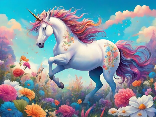 White beautiful cute unicorn in flower background