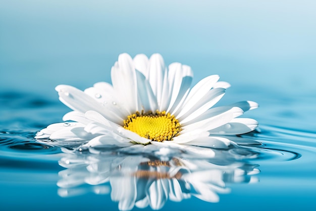 White beautiful daisy on blue water surface with reflection on blue background