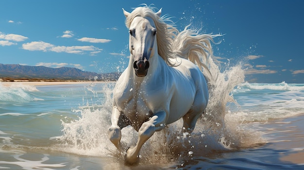 White Beautiful Horse Running on the Beach Artist Style