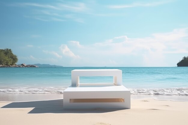 A white bed on a beach with a blue sky and the ocean in the background