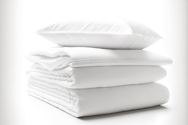 Фото Белое постельное белье аккуратно лежит стопкой на кровати
