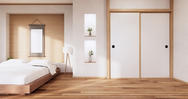 Белая спальня в японском стиле на тропическом интерьере комнаты и татами на полу. 3D рендеринг