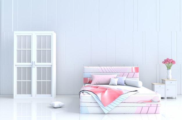 White bed room on Valentine's day. decor with striped bed, wardrobe, tile floor. 3d render