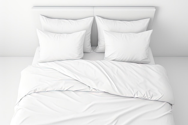 White bed with isolated white bedding and pillows in a bedroom interior