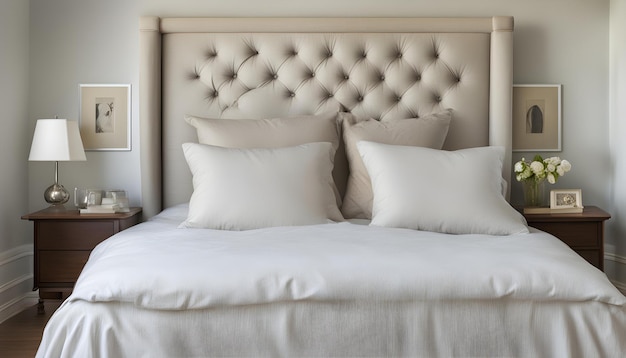 a white bed with pillows and a white headboard