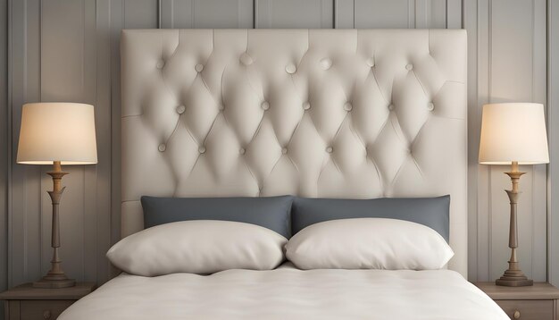 a white bed with two white pillows and a white headboard