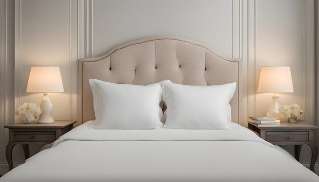 2つの白い枕と白いヘッドボードを持つ白いベッド