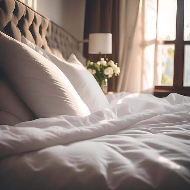 a white bed with a white comforter and a lamp on it