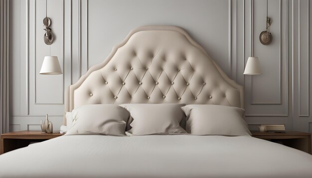 a white bed with a white headboard and four pillows