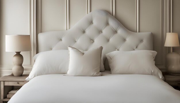 a white bed with a white headboard and pillows on it