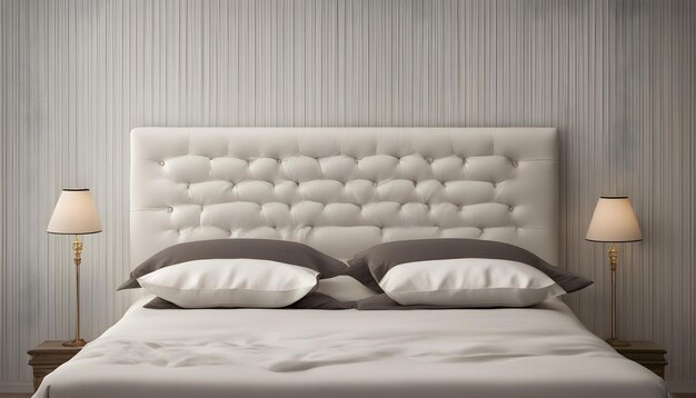 a white bed with a white headboard and pillows with a white headboard