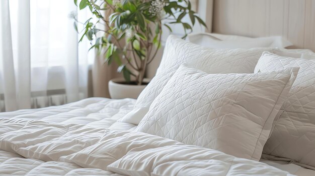 White bedding on a bed with a plant in the background The bedding is soft and inviting and the plant adds a touch of nature to the room