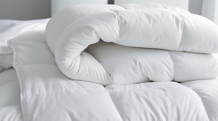 Photo a white bedding is stacked on top of a bed.