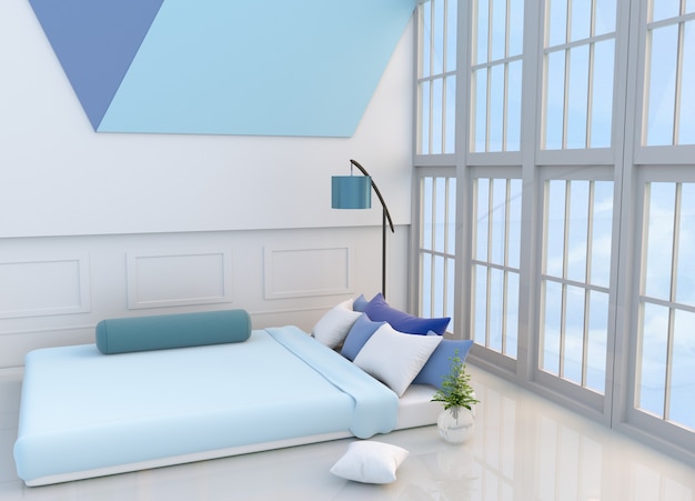 White bedroom decor light blue bed, pillows, Window, blue lamp, bolster, wall.