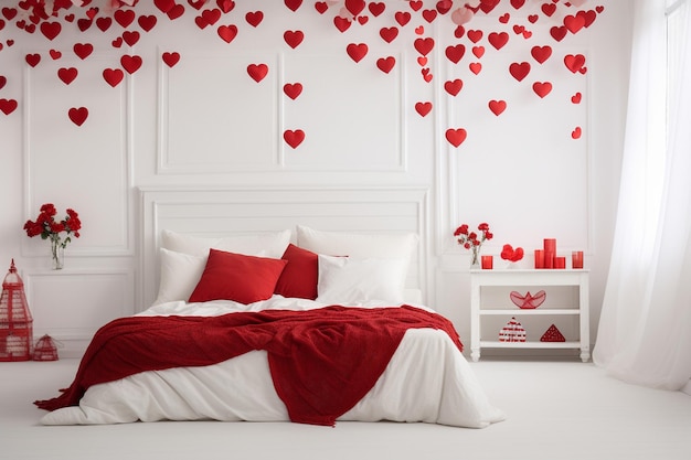 White bedroom decorated with red hearts