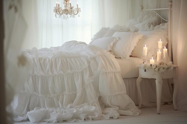 Photo white bedroom interior classic white bed with pillows and blanket