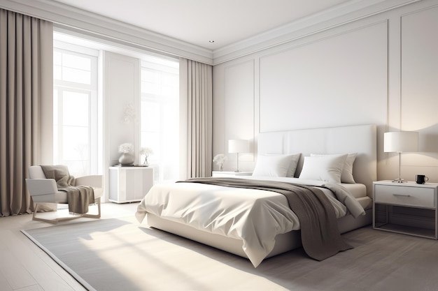 White bedroom interior Earth tones design 3d rendering generated with AI