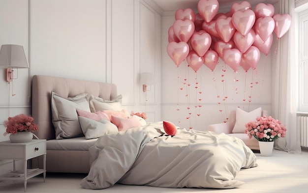 White bedroom interior in modern style with big bed decorated for Valentine's Day with pink flowers