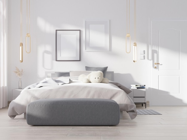 Foto interno bianco della camera da letto. design scandinavo. rendering 3d