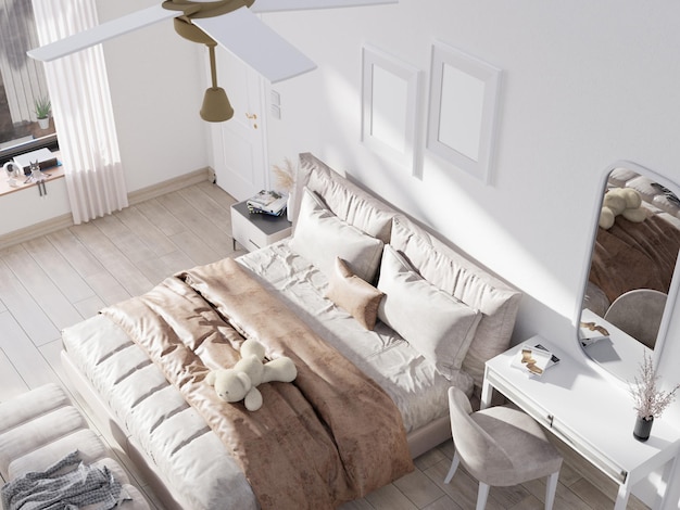 Foto interno bianco della camera da letto. design scandinavo. rendering 3d