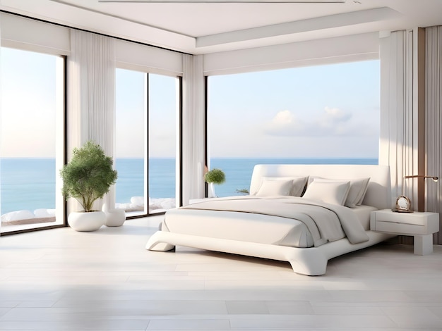 Фото Белая спальня роскошный современный стиль и вид на море отель номер с видом на море