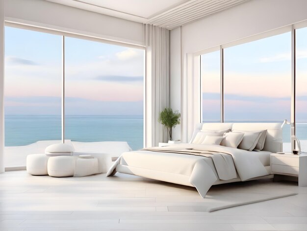 Foto camera da letto bianca di lusso in stile moderno e vista sul mare hotel camera suite con vista sul mare