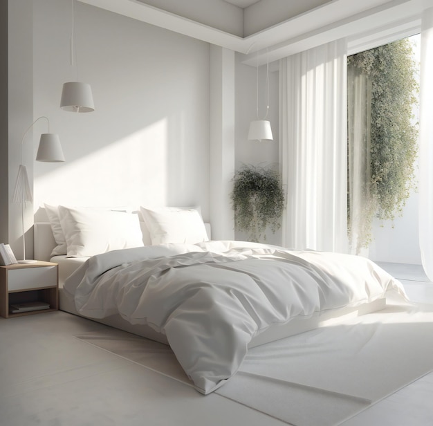 A white bedroom with a bed and a lamp on the wall.