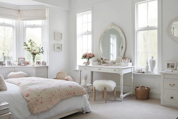 White bedroom with dressing table