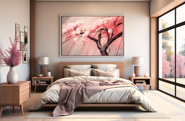 white bedroom with a white bed and pink flowers