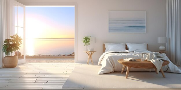 Foto una camera da letto bianca con pavimento di legno è seduta accanto a mobili in viti