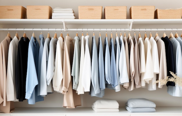 white beige and blue clothes lay on shelves and hang on wooden hangers in a large white wooden closet