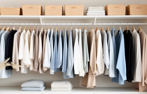 white beige and blue clothes lay on shelves and hang on wooden