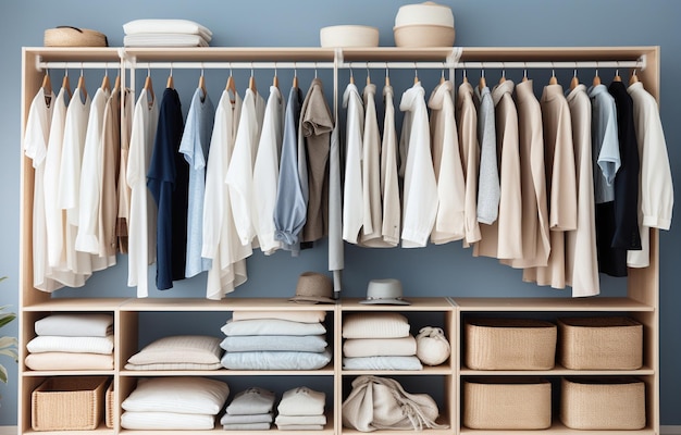 white beige and blue clothes lay on shelves and hang on wooden
