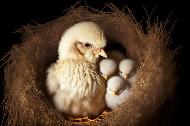 White beige chicken sits in nest hugging its little chicks