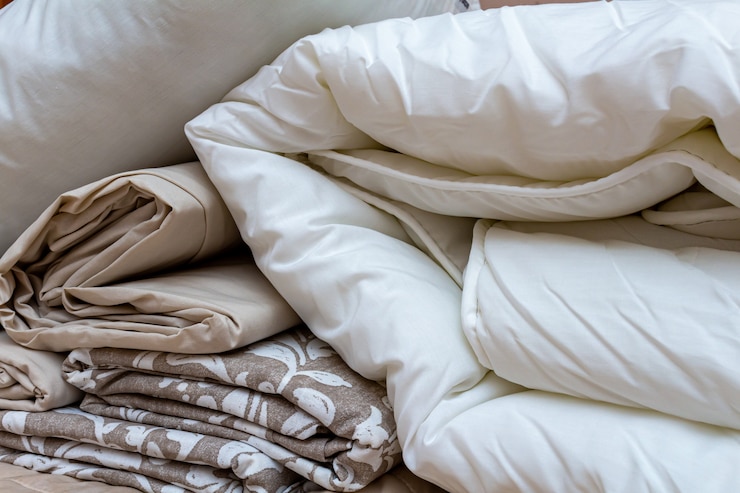 Photo white and beige packed pile of the linen bedclothes blanket with pillow and bedding sheets