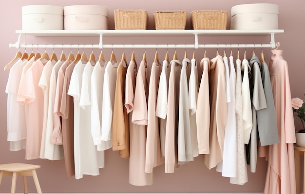 white beige and pink clothes lay on shelves and hang on wooden