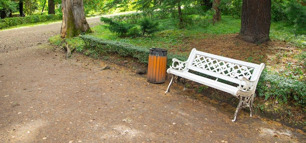 White bench in green park