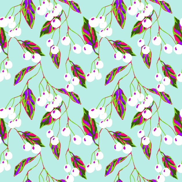 White berry bird cherry currant seamless pattern Fluorescent color leaves berries repeat print