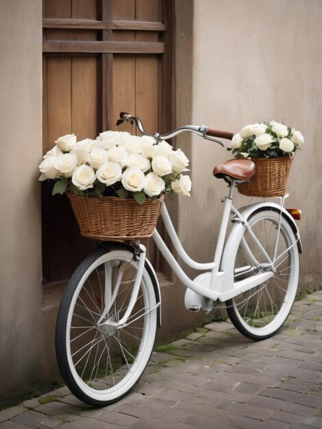 A white bicycle adorned with baskets filled with white roses